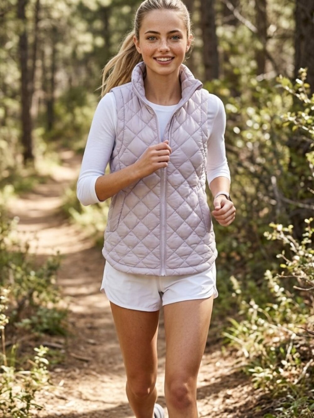 Athleta Whisper Featherless Puffer Vest in a light purple color